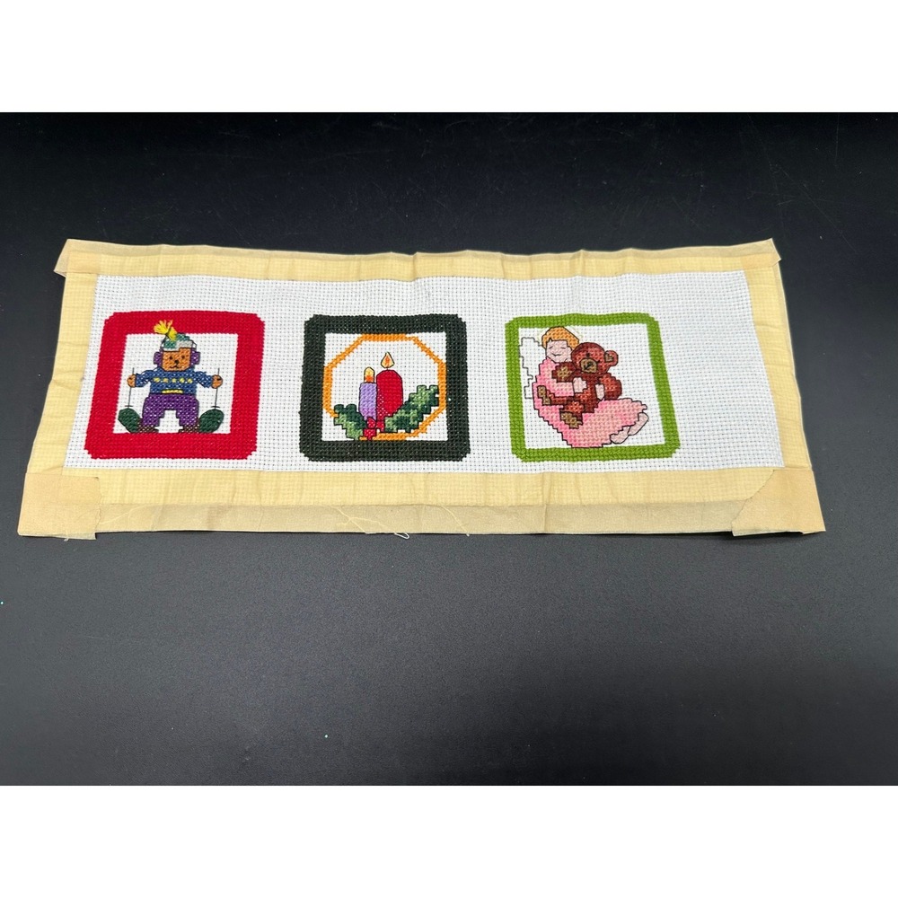 Vintage Needlepoint Christmas Ornaments Bear Candle Toy Soldier Design